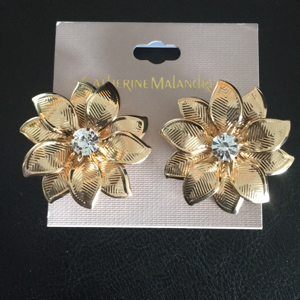 Catherine M 3 D Gold Floral Earrings With Crystal